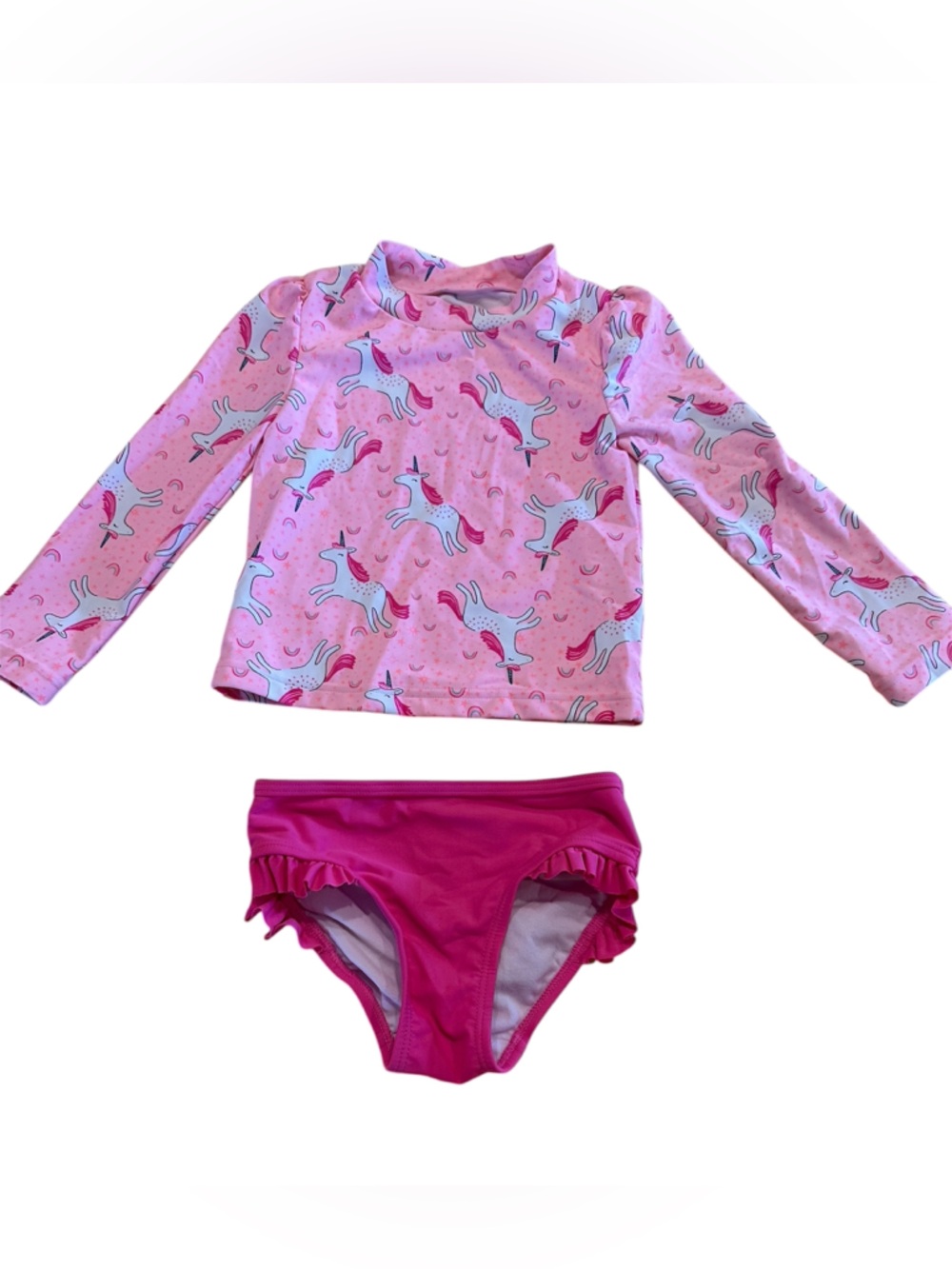Carter's Pink Unicorn Long-Sleeve Rash Guard Swim Set With Hot Pink Bottoms| EUC